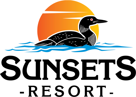 Silhouette of a loon on water at Sunsets Resort Birchwood WI, orange sunset glow behind, text below.